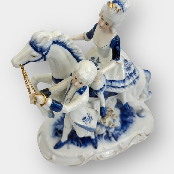 Vintage Porcelain Horse Rider & Handler Figurine Blue White Gold Trim 9 Inch - Picture 9 of 16